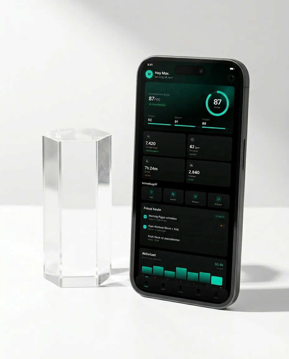 MONK Dashboard — personalisierte Tagesübersicht mit Performance Score, Tagesplan und Stat-Cards aus allen Lebensbereichen
