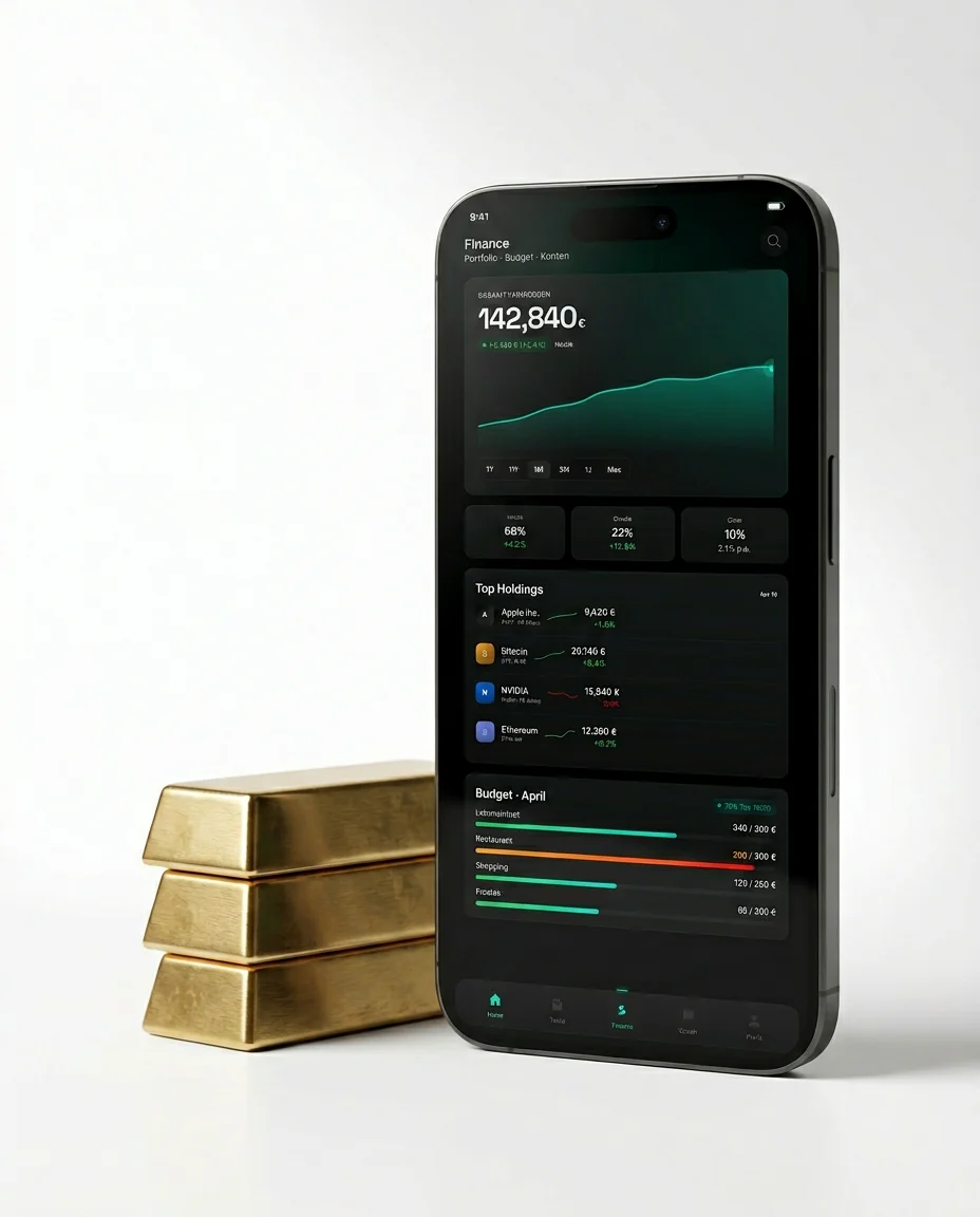 MONK Finance — Portfolio mit Live-Kursen, Budget und Cashflow in einer Ansicht